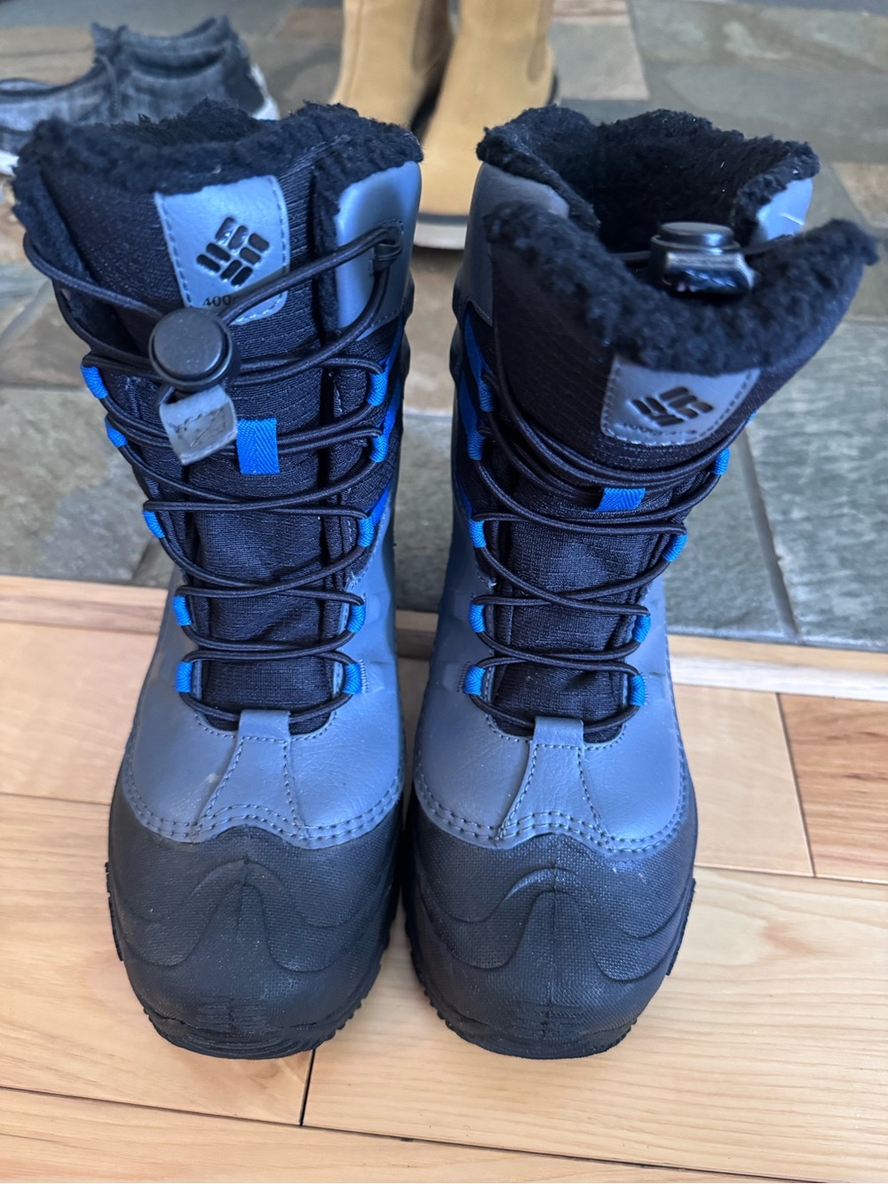 Columbia Kids Gray and Black Winter Boots with Blue Accents